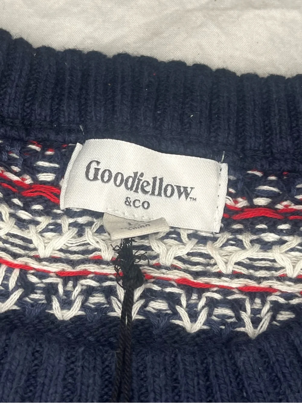 Goodfellow & Co Navy Fair Isle Crewneck Sweater L with Red and White Accents